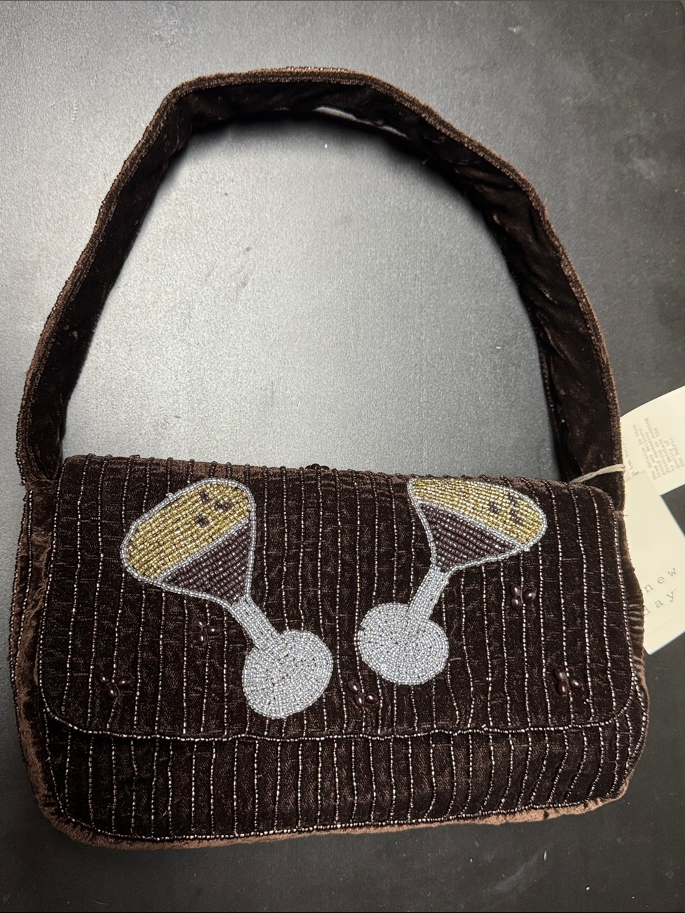 A New Day Beaded Cocktail Motif Velvet Shoulder Bag - Brown